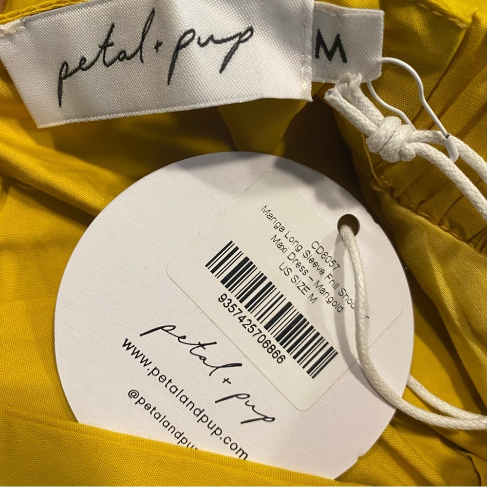 NEW Petal & Pup Mariga Long Sleeve Frill Shoulder Midi Dress in Marigold Size M - Picture 11 of 12
